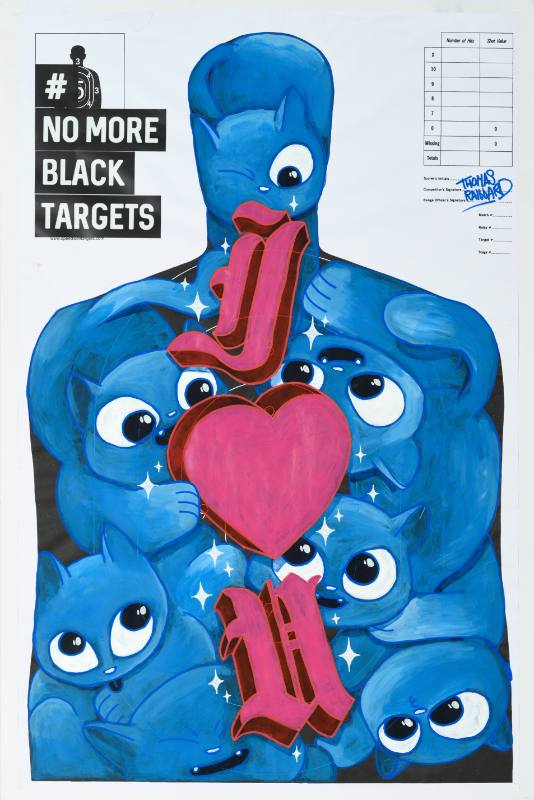 A poster of a practice target for shooting shaped like a man covered in colorful paint