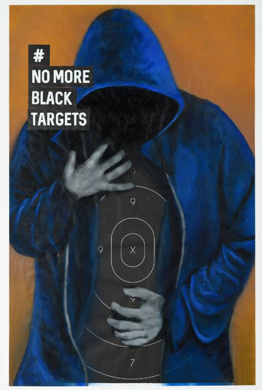 A poster of a practice target for shooting shaped like a man covered in colorful paint