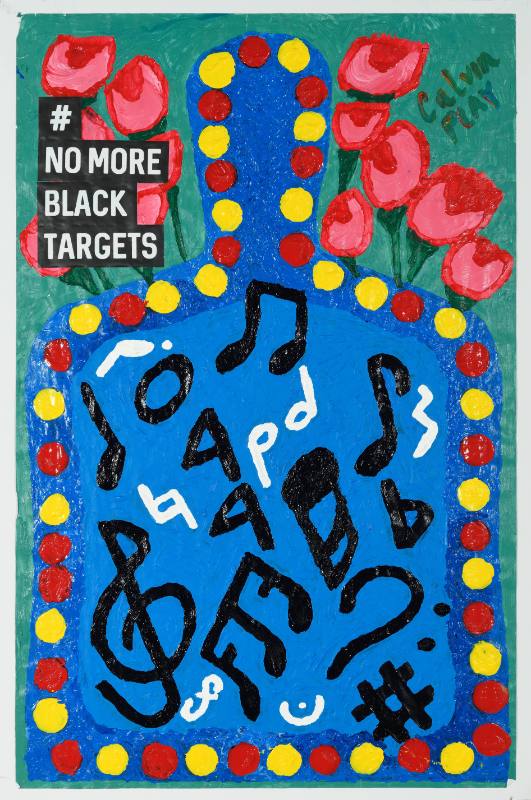 A poster of a practice target for shooting shaped like a man covered in colorful paint