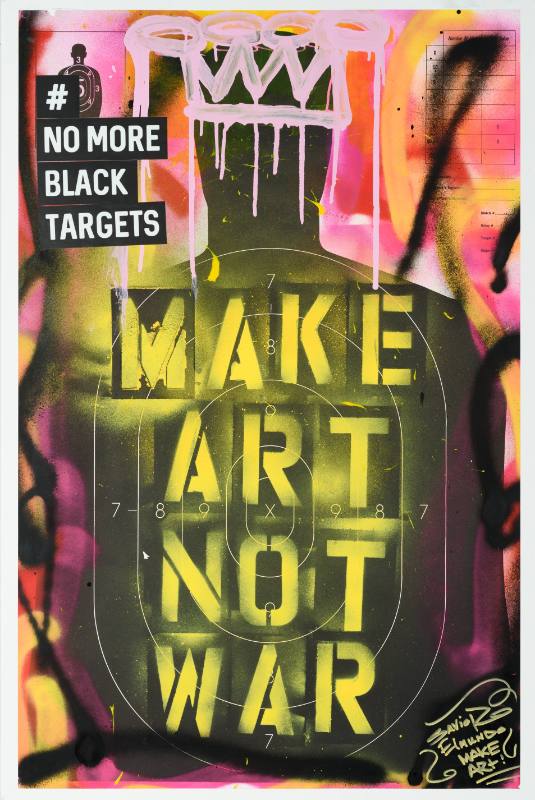 A poster of a practice shooting target shaped like a Black man covered in colorful paint