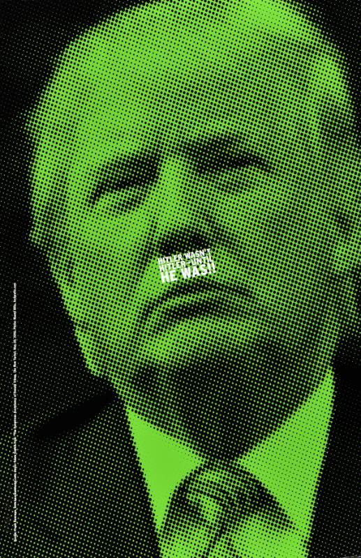 A poster of a white man with text covering his mouth