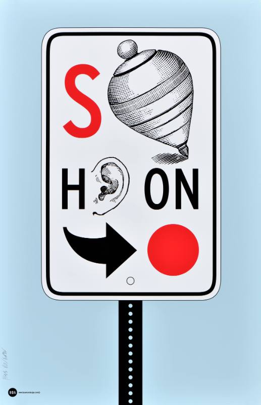 A poster of a road sign with symbols painted over it