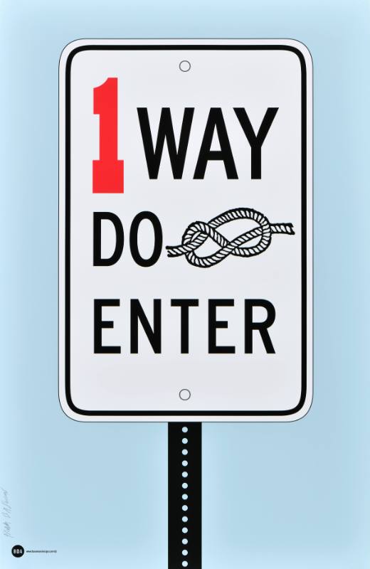 A poster of a road sign with symbols painted over it