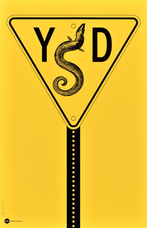 A poster of a road sign with symbols painted over it