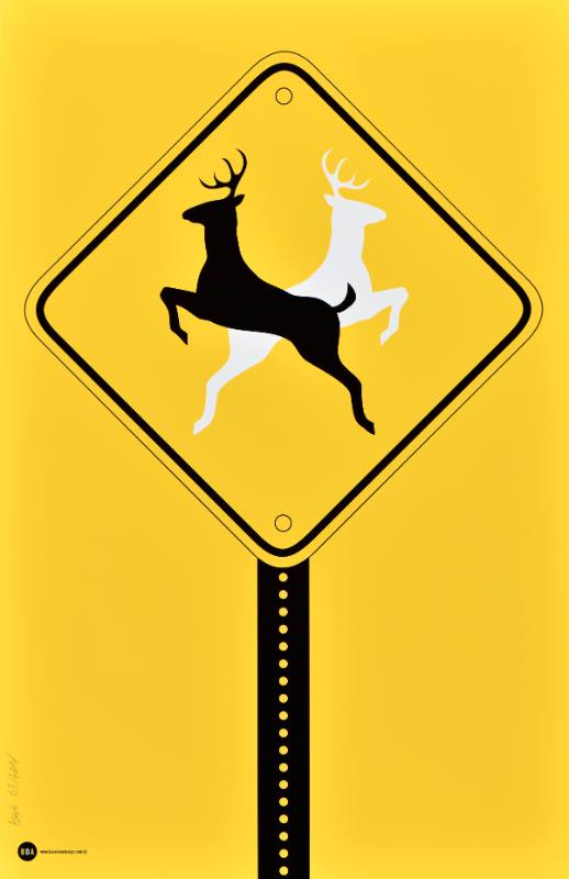 A poster of a road sign with symbols painted over it