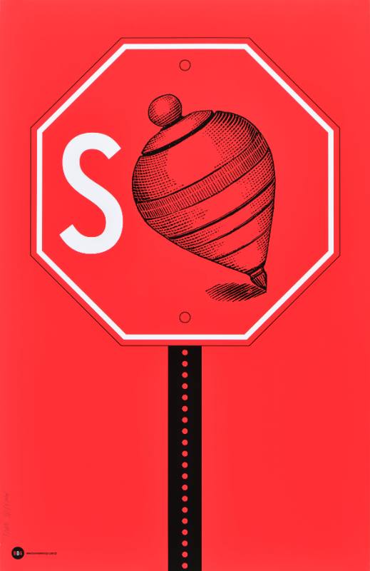 A poster of a road sign with symbols painted over it