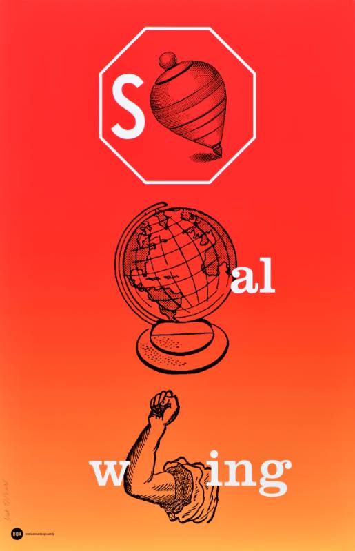 A poster of a road sign with symbols painted over it