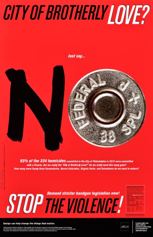 A poster of the word No made out of handguns and bullets
