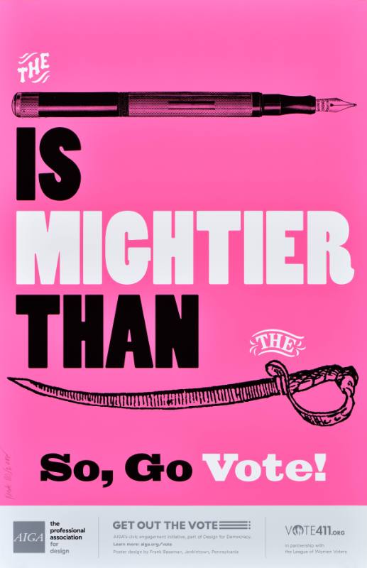 A poster of a pen over a sword