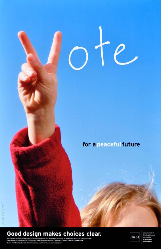 A poster of a white child holding up their hands in a peace sign