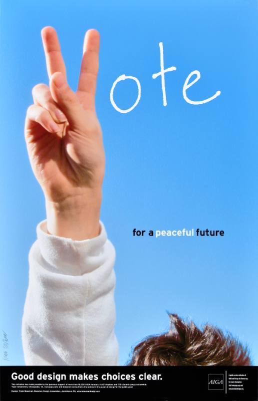 A poster of a white child holding up their hands in a peace sign