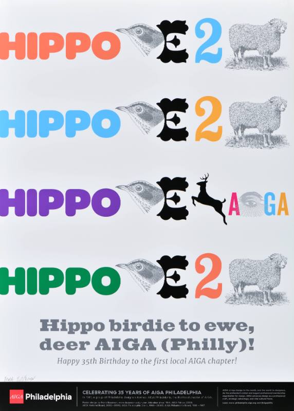 A poster of colorful text, birds, and hippos