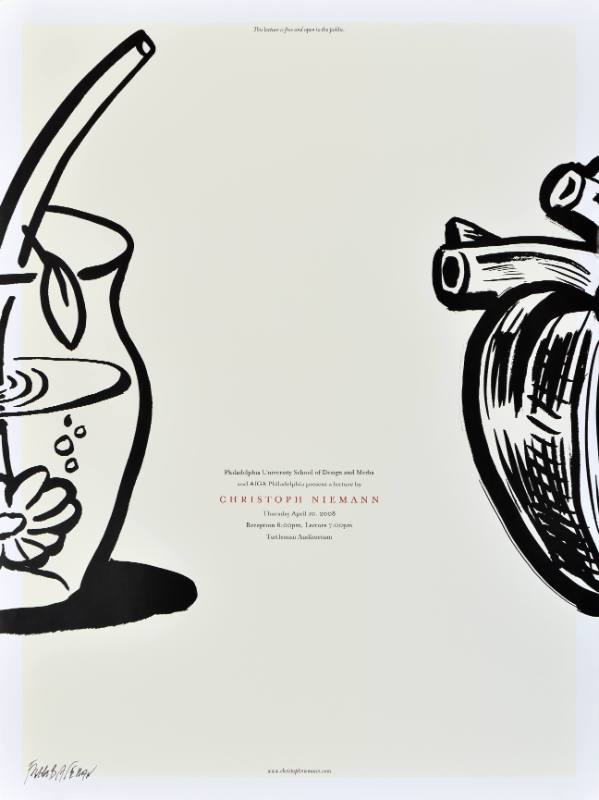 A poster of a vase and a human heart drawn in thick black lines