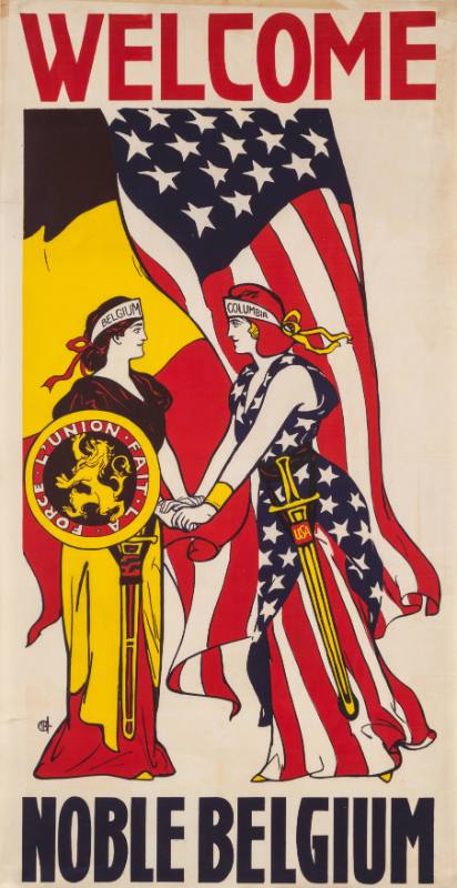 A poster of two women in dresses with swords and a shield holding hands in front of two flags.