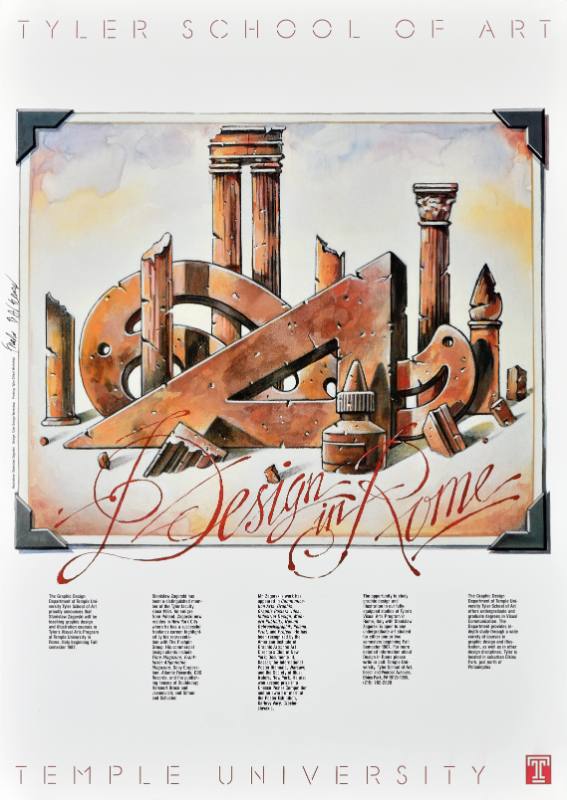 A poster of red ruins made out of design tools