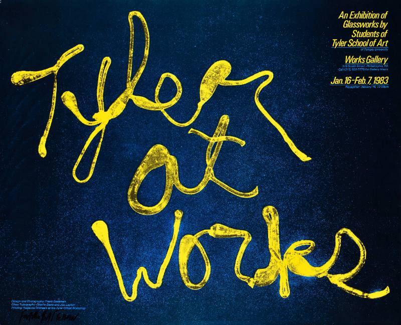 A poster of yellow curly letters on a blue background