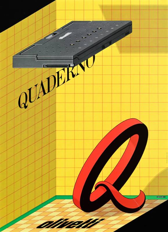 A poster of a large 3d letter Q below a floating laptop inside a corner of a room made out of grids