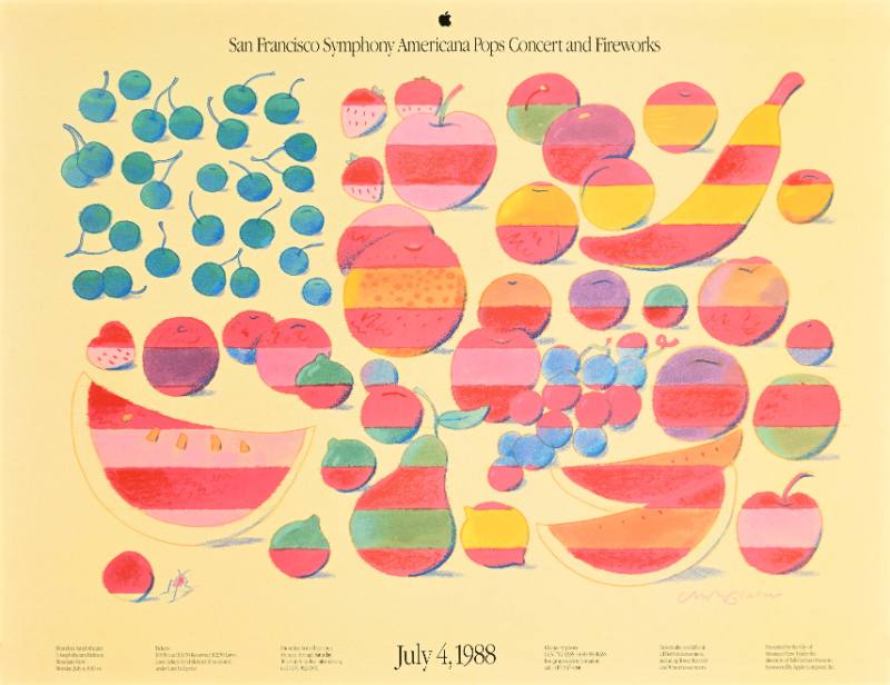 A poster of an American flag made out of colorful fruit