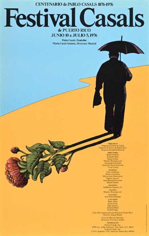 A poster of a man holding an umbrella walking away with a shadow that transforms into psychedelic flowers