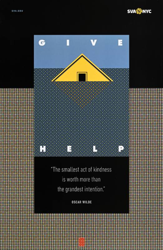 A poster of a house sinking into a geometric background
