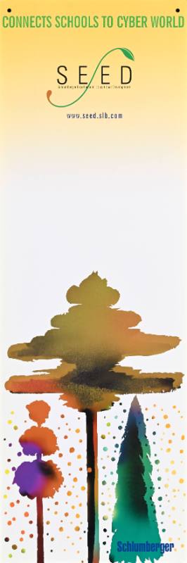 A poster of three watercolored trees below a swirling logo