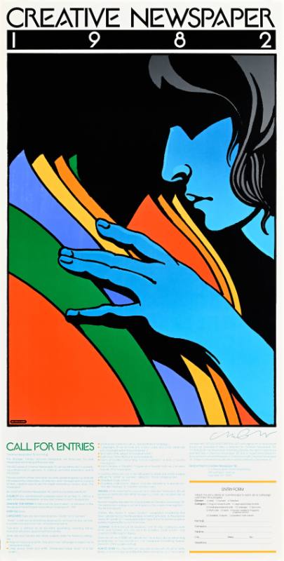 A poster of a blue skinned person flipping through rainbow pages of a book