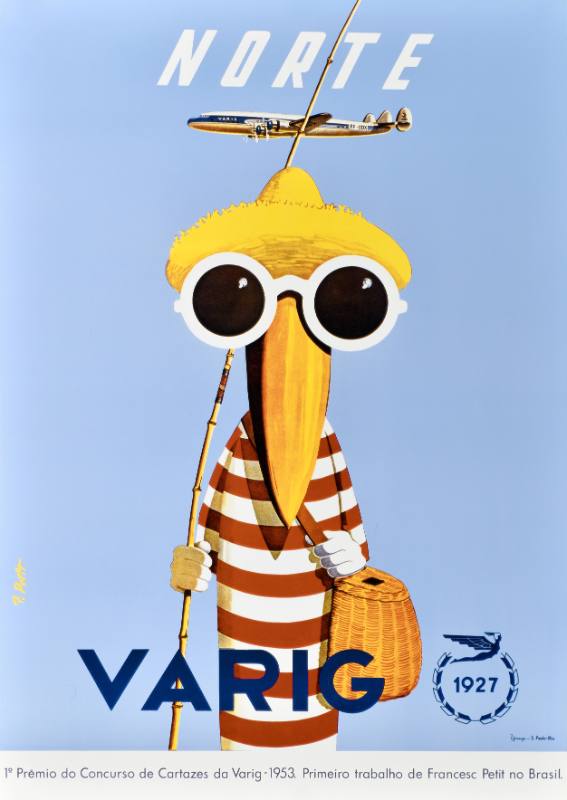 A poster of a bird with a striped shirt, hat, and sunglasses on below an airplane