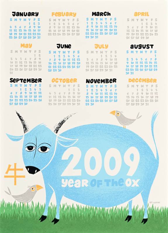 A poster of a calendar above a blue goat with birds next to him