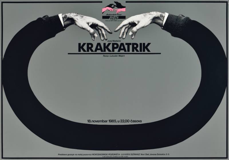 A poster of two hands connected by a long circular black arm