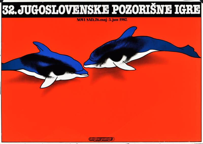 A poster of two dolphins on a red background