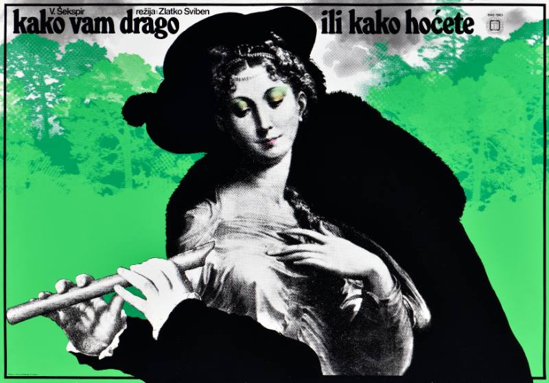 A poster of a woman dressed in furs with three arms holding a flute