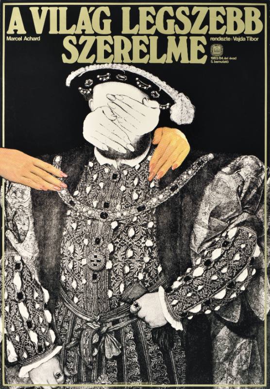 A poster of a man in a king's face covered in hands