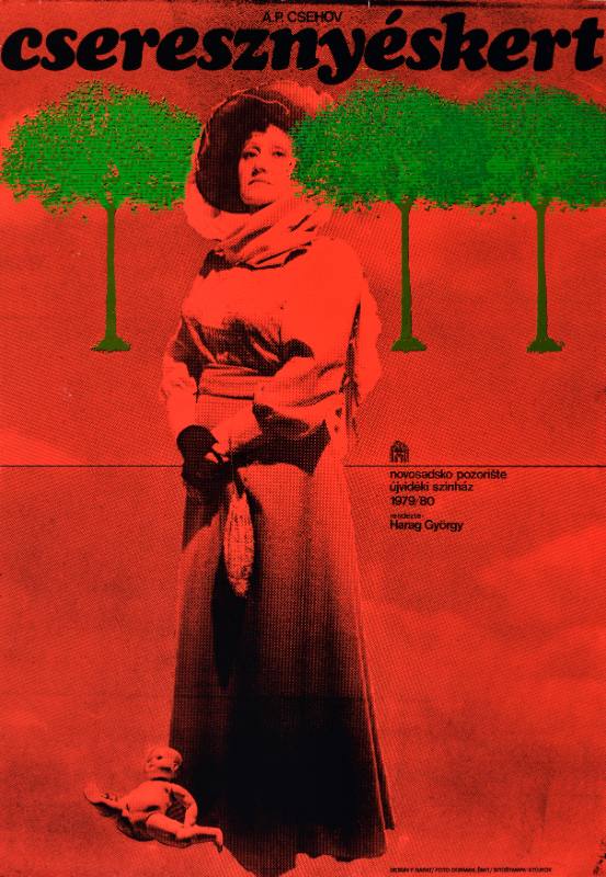 A poster of a woman wrapped in robes in front of a line of trees
