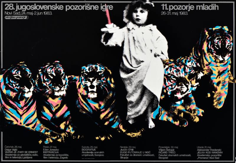 A poster of a small child standing in front of a line of rainbow tigers