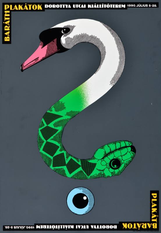 A poster of a swan on a blue background