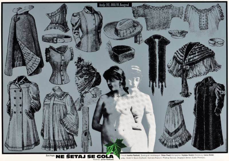 A poster of a nude woman standing next to a diagram of various kinds of clothing