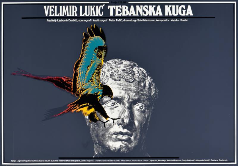 A poster of an eagle flying into a white statue's head