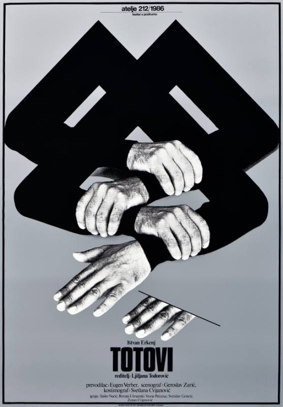 A poster of long black arms with hands at the ends crossed in a geometric pattern