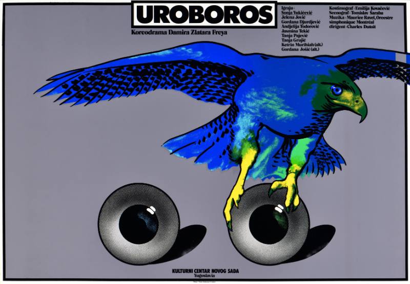 A poster of a blue eagle flying over two eyeballs