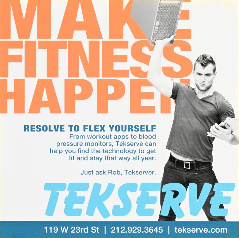 A poster of a man lifting a computer over bold orange text