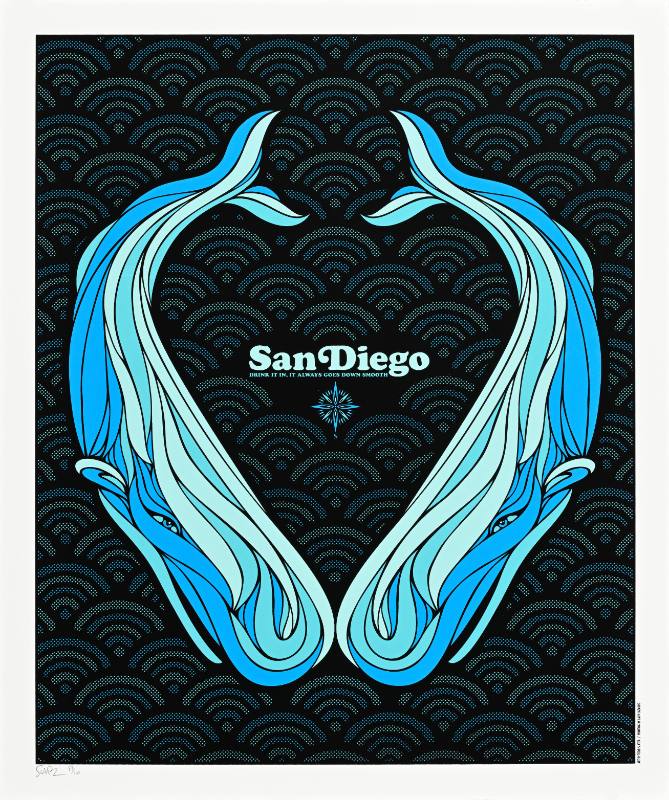 A poster of two whales diving into an abstract blue and black sea