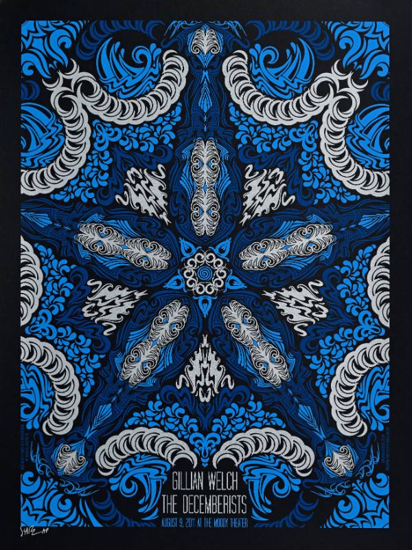 A poster of swirling geometric shapes on a black background