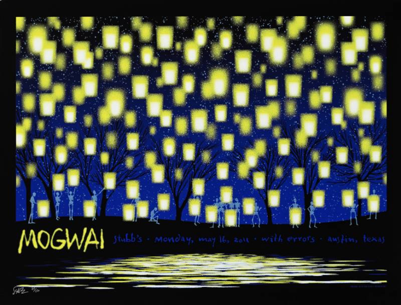 A poster of skeletons holding up square lanterns