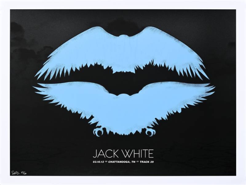 A poster of blue lips made out of flying birds