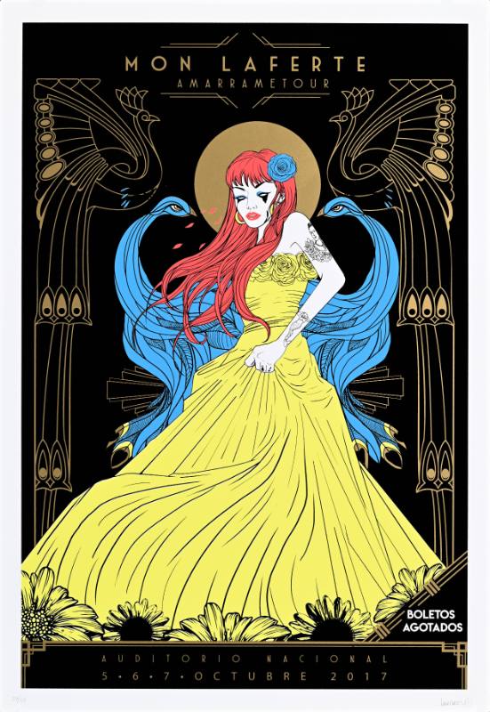 A poster of a woman with tattoos surrounded by peacocks