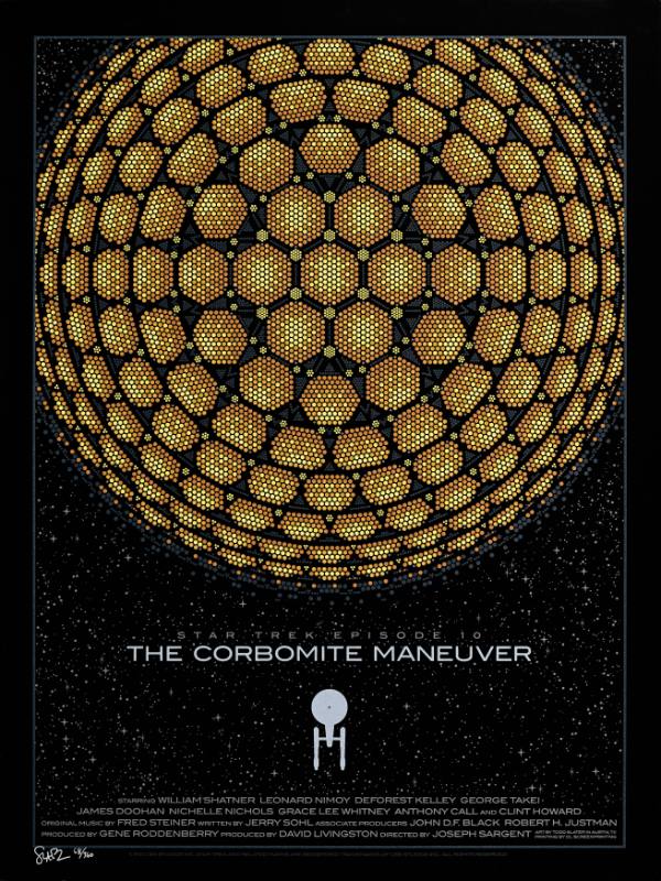 A poster of an orange orb made out of dots floating in space