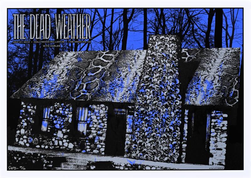 A poster of a stone building in the woods