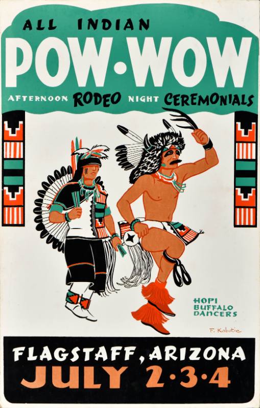 A poster of two native american dancers on a green and white background
