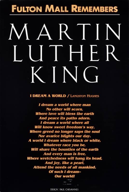 A poster with a black and white photograph of a Black man and white and orange text