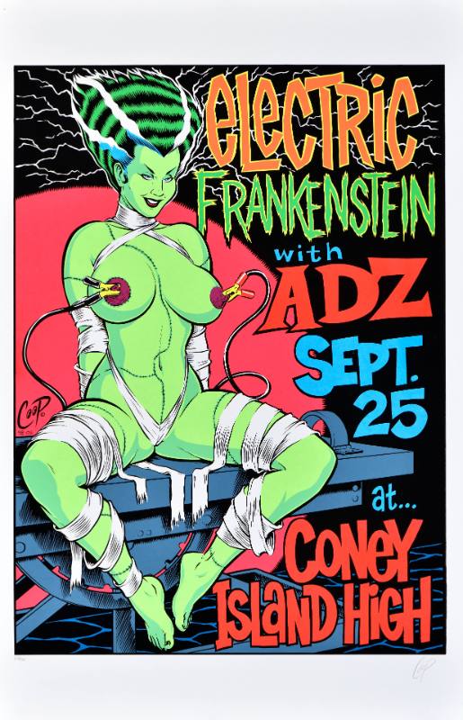 A poster of a green monster woman with plugs connecting to her bare breasts